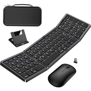 Foldable Keyboard and Mouse, Folding Wireless Keyboard Mouse Combo with Portable Case, Rechargeable 2.4G Wireless+Bluetooth Multi-Device Combo for Windows, iOS, Android, macOS PC/Laptop/Tablet