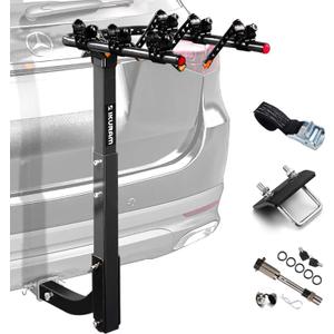 3 Bike Rack Bicycle Carrier Racks Hitch Mount Double Foldable Rack for Cars Truck SUV Fits 2" Receiver, Tie Down Strap, Anti-Rattle Hitch Tightener & Locking Hitch Pin