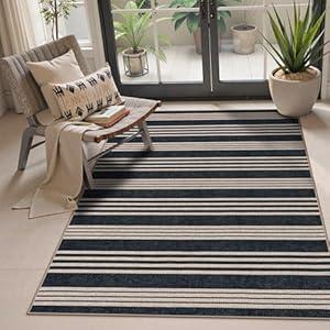 Lahome Elance Striped Easy Jute Washable Rug, 3x5 Outdoor Porch Patio Entryway Rug Indoor Outdoor Carpet for Living Room, Farmhouse Neutral Non Slip Black Carpet for Backyard Bedroom Kitchen
