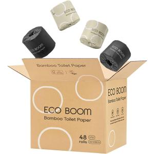 ECO BOOM Unbleached Bamboo Toilet Paper, 48 Mega Rolls, 100% Tree-Free 3-Ply, Plastic-Free Packaging, 360 Sheets | PFAS Free, BPA Free, Septic Safe & FSC Certified