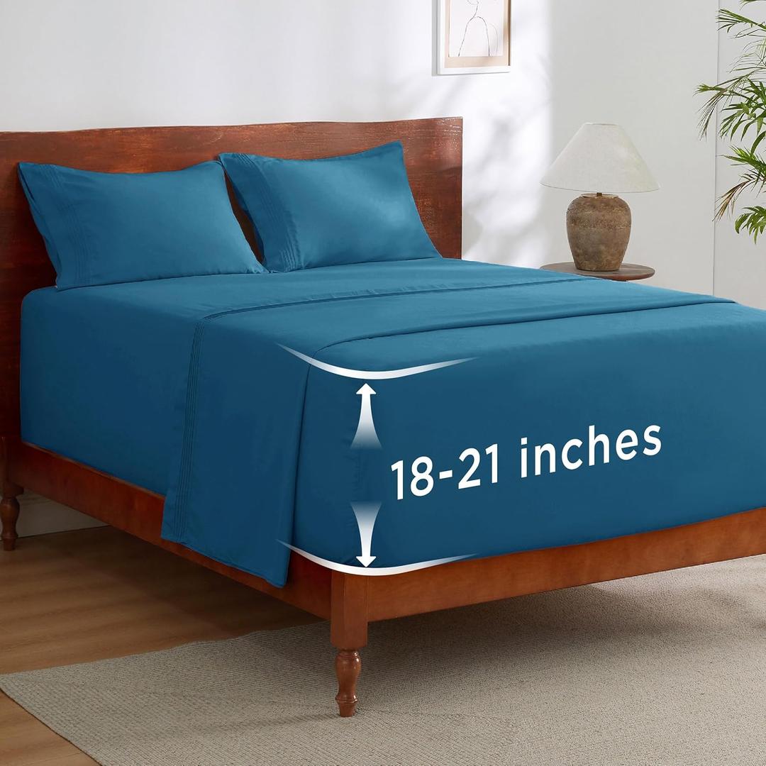 Bedsure Deep Pocket King Sheet Set - Fits Mattresses Up to 21 Inches Thick - 4 Piece GentleSoft Bed Sheets, Moisture Wicking, Soft & Cooling Bedsheet & Pillowcases, Easy & Secure Fit, Teal Blue