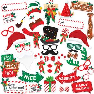Christmas Photo Booth Props 38pc Set - Christmas Party Decorations, Party Favors, Games & Supplies for Kids Adults - Christmas Photo Props Backdrop Table Decorations Accessories