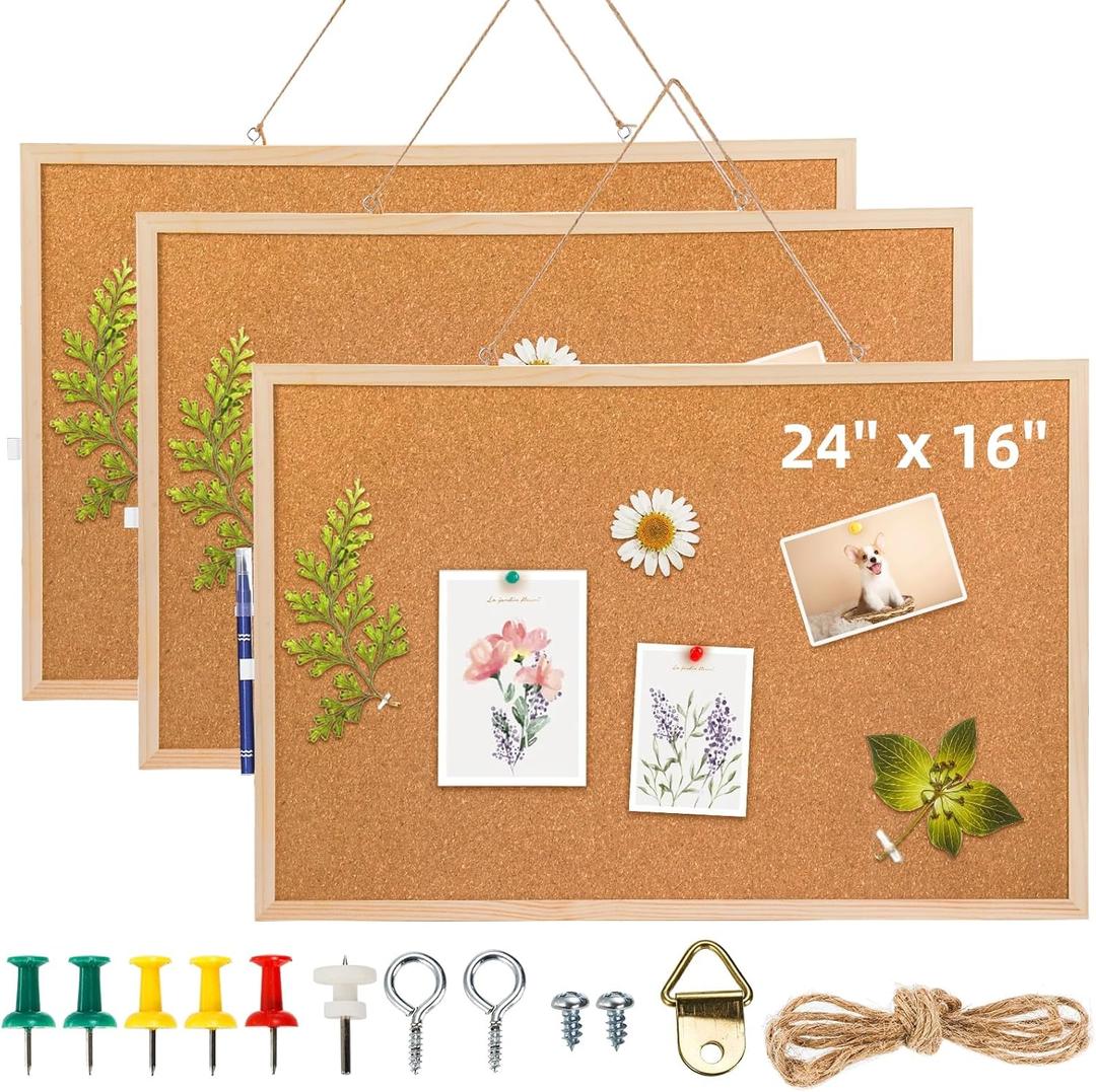 Lyellfe 3 Pack Cork Boards for Walls, 24''L x 16''W Large Bulletins Board with Frame, Push Pins, Thick Notice Board for Office School Home Decor, Two-Side Cork