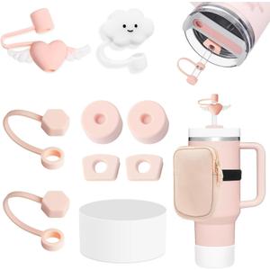 Stanley Cup Accessories Set Includs 1 Pcs Water Bottle Pouch, 6 Silicone Spill Proof Stopper, 2 Straw Cover Cap(9-10mm Straw), Boot for 40oz & 30oz Tumbler (Pink)