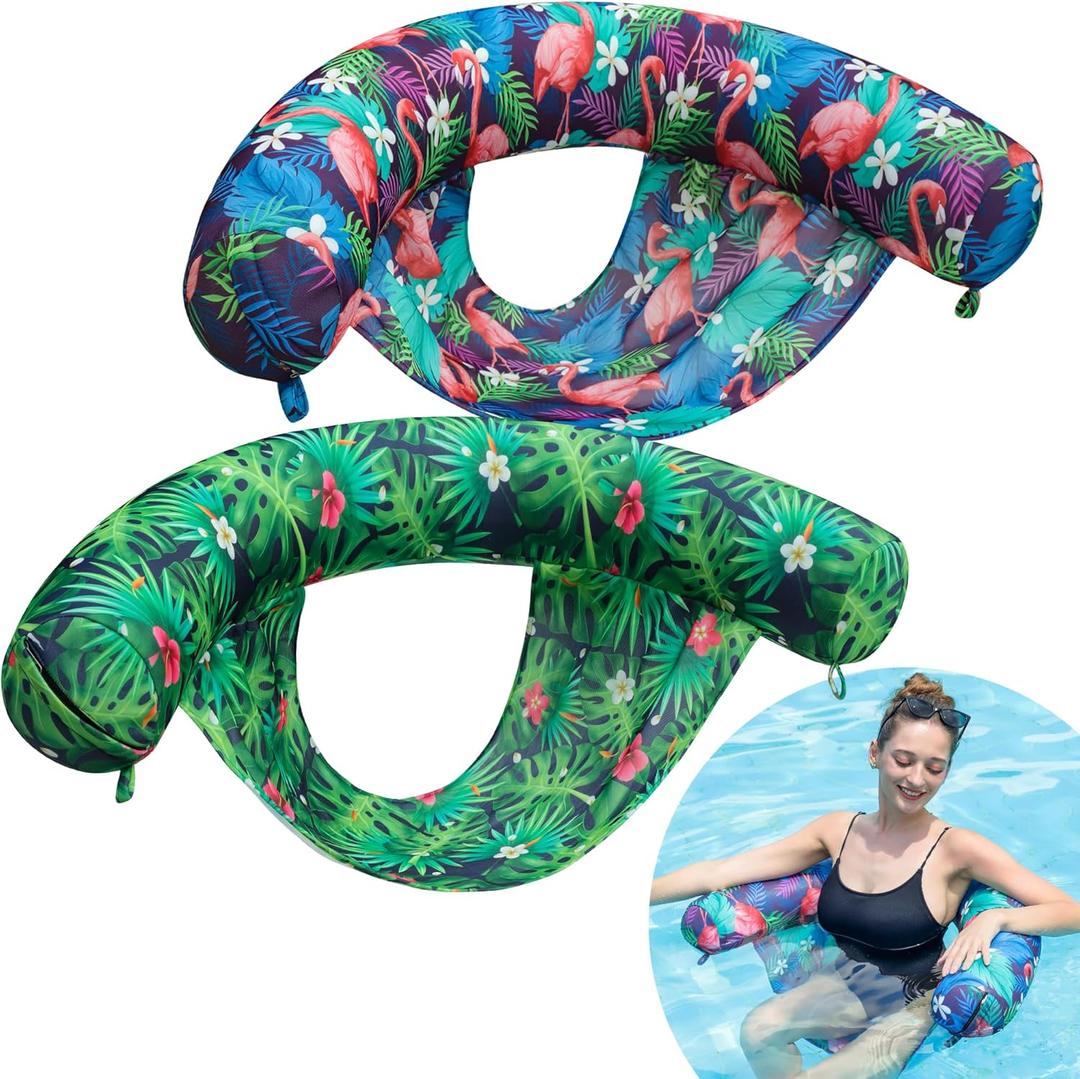 FindUWill Inflatable Pool Floats Chairs, 2-Pack Comfortable Fabric Covered Pool Chairs with Sling, Stable Swimming Noodles Seats for Adults, Summer Pool Floaties for Adults (A-Flamingo&Green)