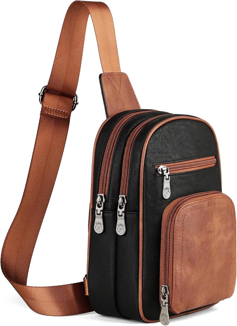 FADEON Sling Bags for Women Crossbody Bags, Designer PU Leather Sling Purse Multi-Pocket Packs with Card Slot Black Brown