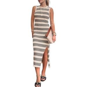 BTFBM Womens Sleeveless Summer Dresses 2025 Crew Neck Casual Sundress Hollow Out Side Slit Bodycon Knit Long Tank Dress (Small, Apricot)