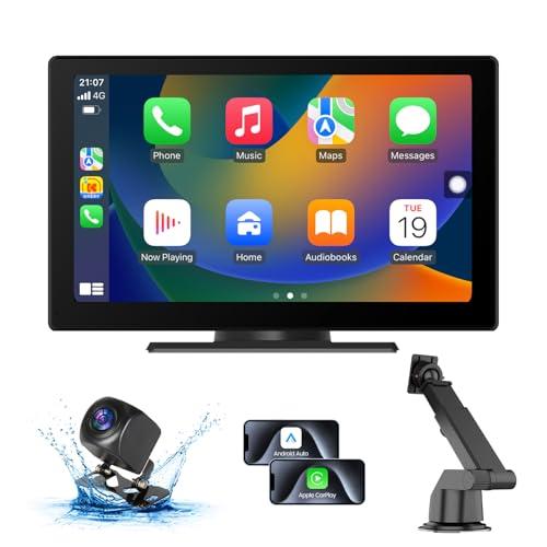 Portable Apple Carplay Screen for Car, 9" HD Car Stereo Screen with Android Auto& Carplay, 1080p Backup Camera, Voice Control, Mirror Link, Bluetooth, GPS Navigation, Aux- Fits All Vehicles