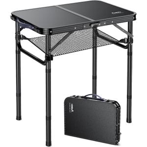Folding Camping Table with Storage Net, Pure Black Aluminum 2ft Picnic Table 23.2" x 16" Outdoor Table Adjustable Height Max 26.4", Lightweight, Waterproof, Portable Handle for Travel Cooking