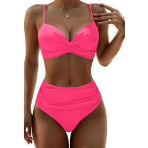 Aqua Eve Women Underwire Bikini High Waisted Bathing Suit Tummy Control Two Piece Swimsuit Pink L