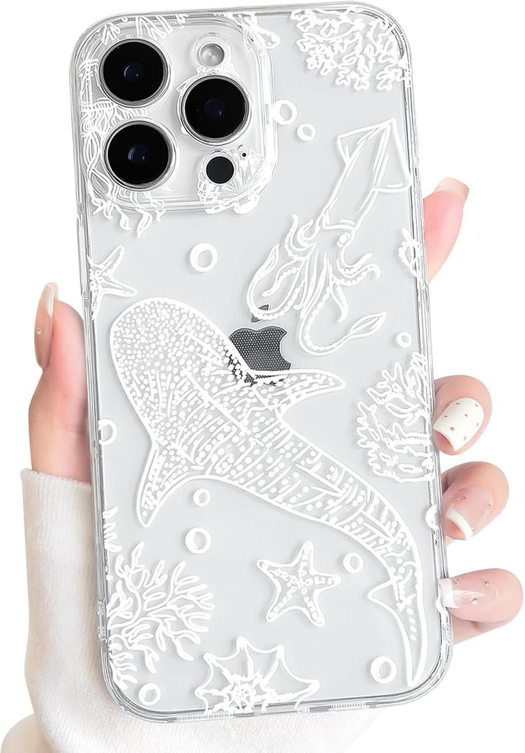 NITITOP for iPhone 15 Pro Max Case Clear Sea Animal - White Squid