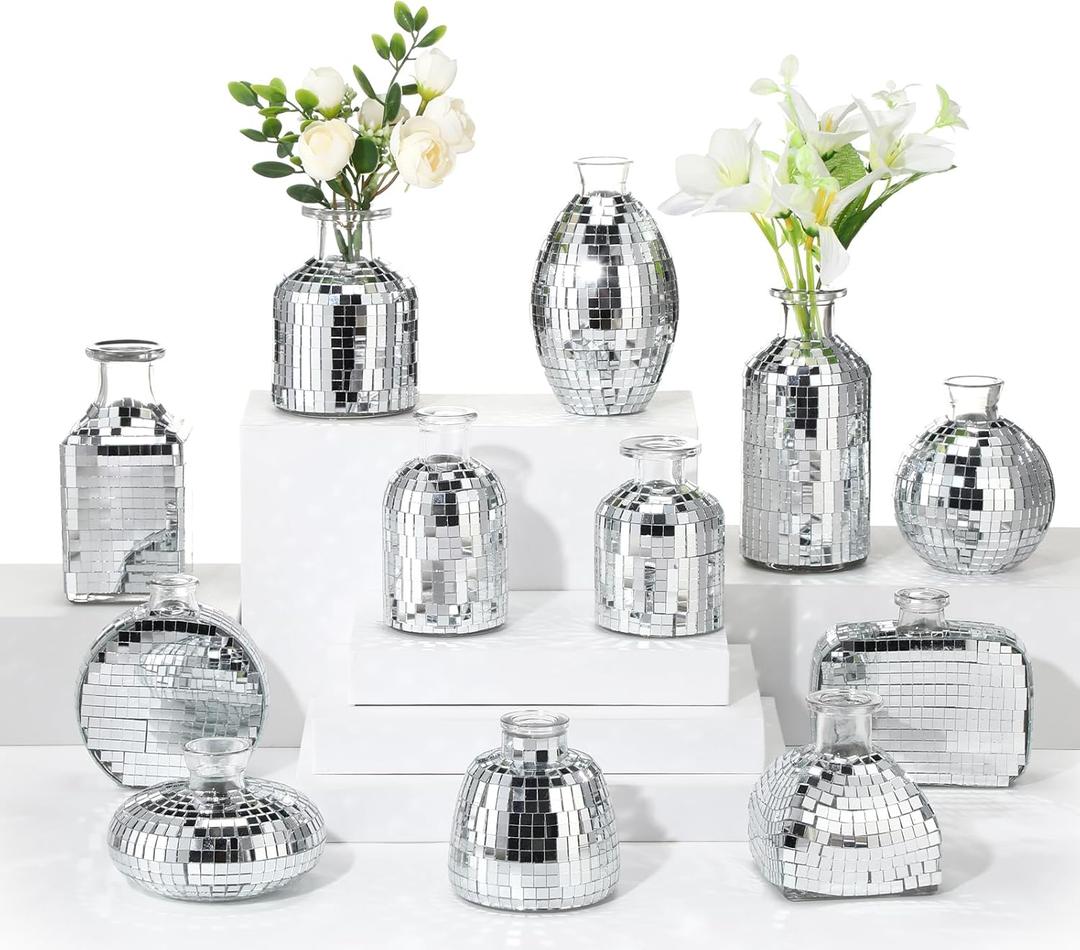 12 Pcs Mini Disco Ball Vase Bulk Glass Disco Ball Flower Vase Disco Ball Decorations for Party Wedding Birthday Home Bedroom Kitchen Office