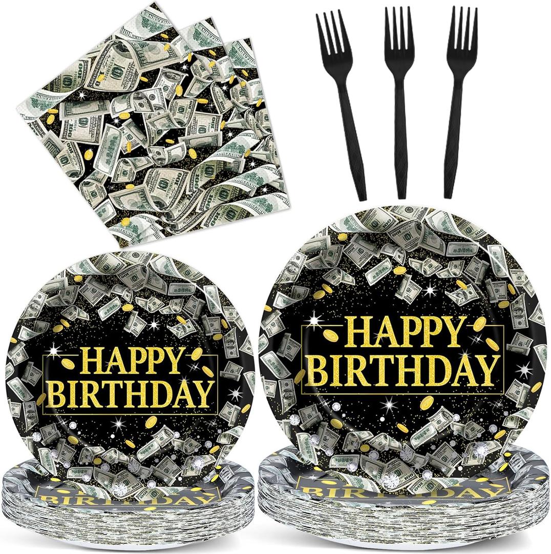 gisgfim 96PCS Money Birthday Party Supplies Paper Plates Napkins Money Decorations Tableware Set Disposable Hundred Dollar Bills Birthday Party Decorations Favors for Adults Serves 24