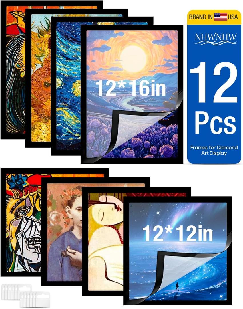 12Pcs Diamond Art Frames & Diamond Painting Frames Variety - Includes 6 of 12x16 inch and 6 of 12x12 inch Magnetic Self-Adhesive Snap Frames for Canvas Art, No Tools Needed for Wall Door Home Decor