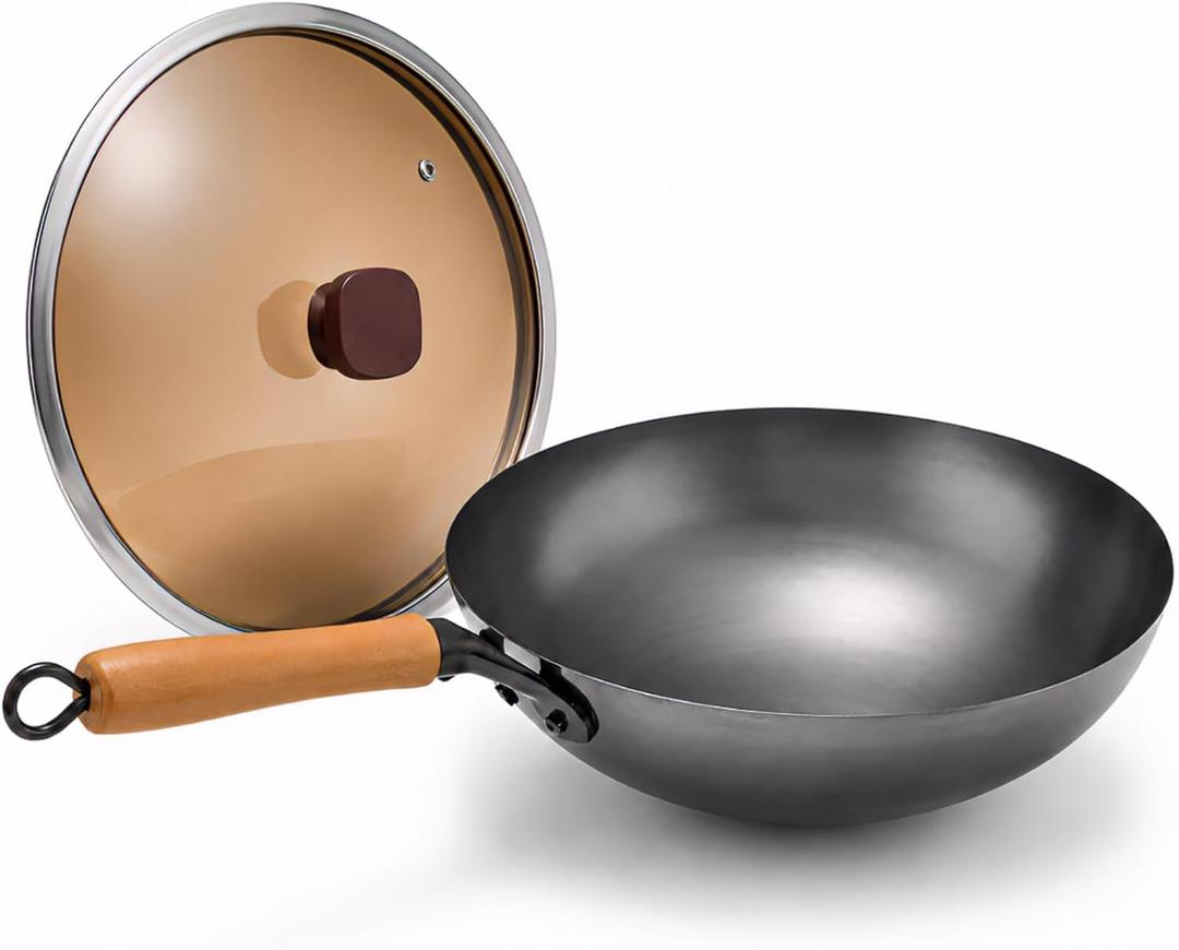 Calmabode 13 Large Round Bottom Carbon Steel Wok with Glass Lid | Large traditional Chinese round-bottom wok for gas stoves, nitrided carbon steel, glass lid, ideal for family stir-fry