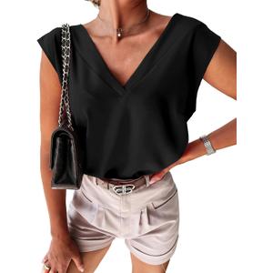 SVALIY Womens Summer Tops Sleeveless Cap Sleeve T Shirts Casual V Neck Business Work Blouses (Medium, Black)