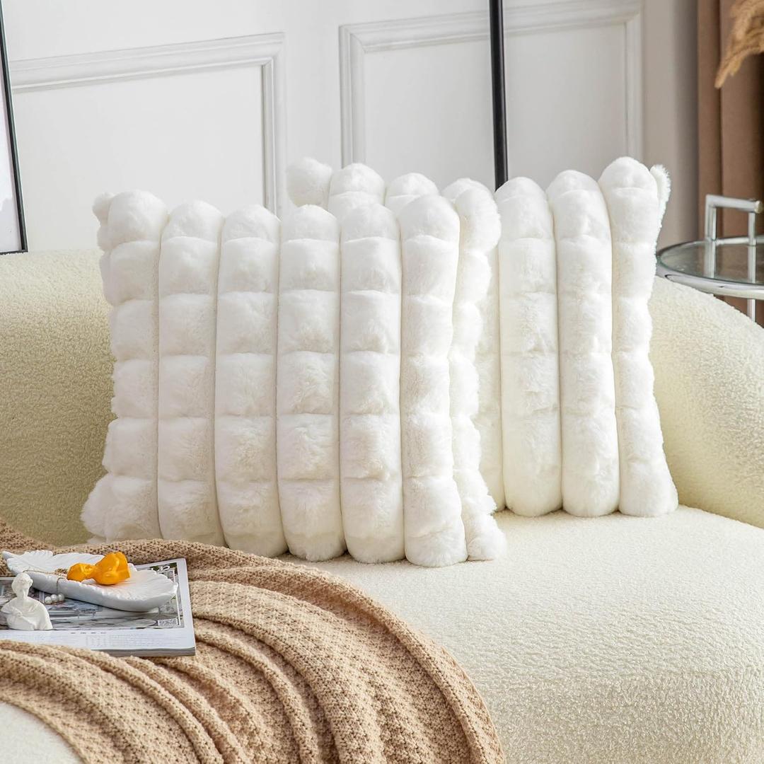Neelvin Cream White Faux Fur Cozy Soft Plaid Decorative Throw Pillow Covers 16x16 inch Set of 2, Velvet Pillowcase Cushion Case for Sofa Couch
