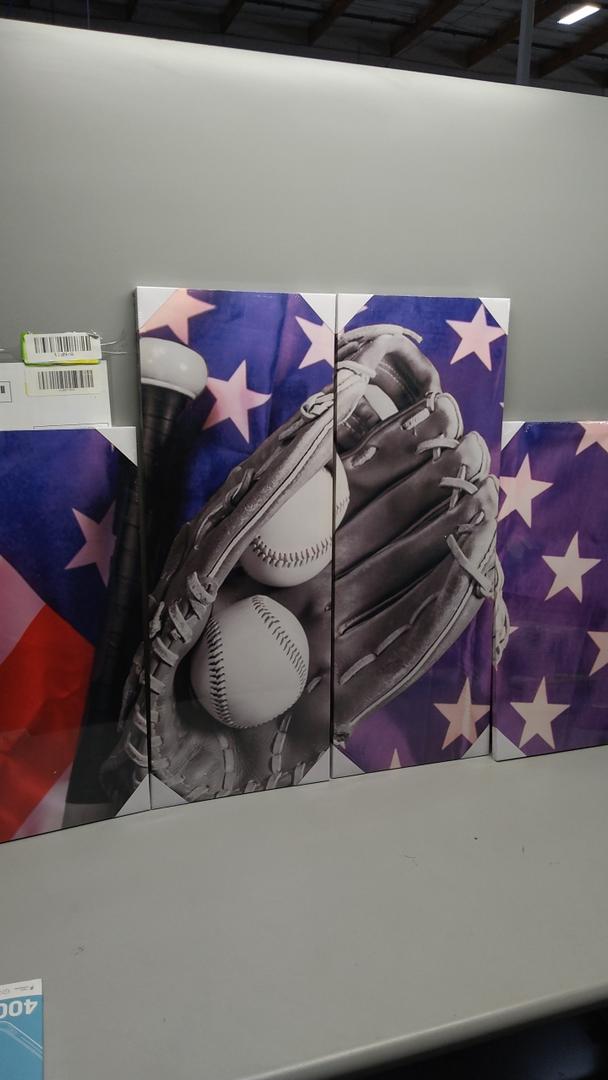 Set of 4  Pieces Canvas Prints Wall Art Baseball and American Flag Poster Sports Picture Printed On Canvas Stretched and Framed Artwork Gift for Home Living Room Decor (12x24)(32x12)