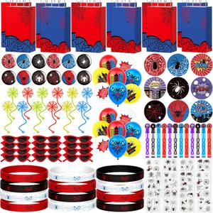 100pcs Spider Party Favors, Hero Theme Birthday Party Supplies Including Silicone Bracelets Sticky Spider Webs Bubble Wands Temporary Tattoos, Birthday Decorations Classroom Rewards for Kids