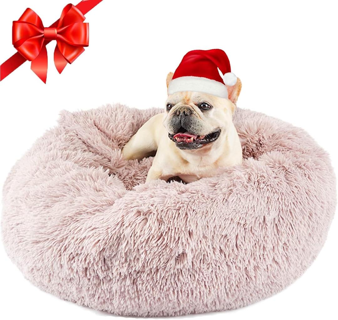 Himax Dog Beds for Medium Dogs, Donut Dogs Beds with Blanket Attached, Calming Dog Bed Washable (20"/26"/35") Beige