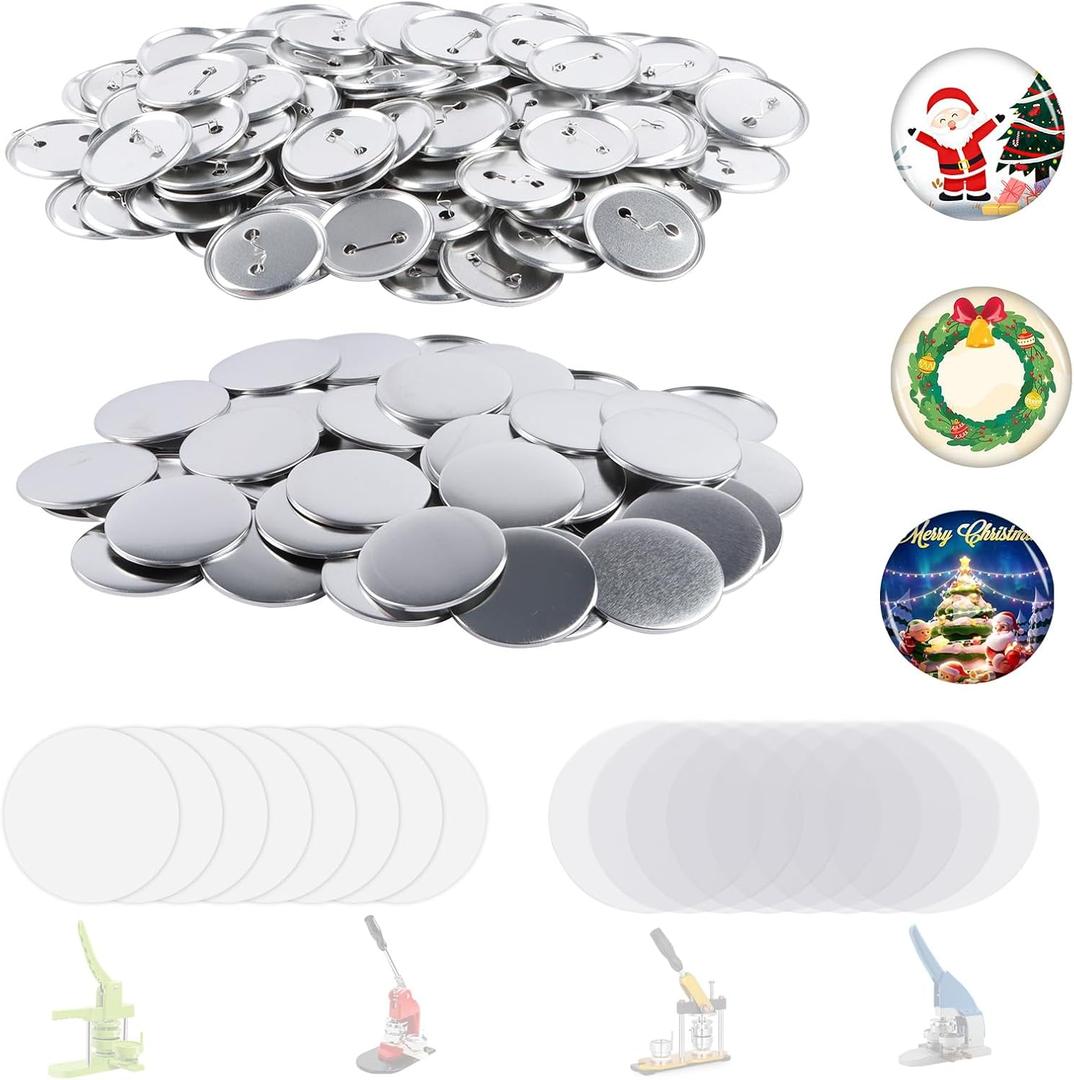 200 Sets Metal Round Button Supplies Button Making Parts, 58mm/2.25 inch Pin Maker Parts Badge Supplies for Button Maker, Including Metal Shells Metal Back Cover Clear Film and Paper