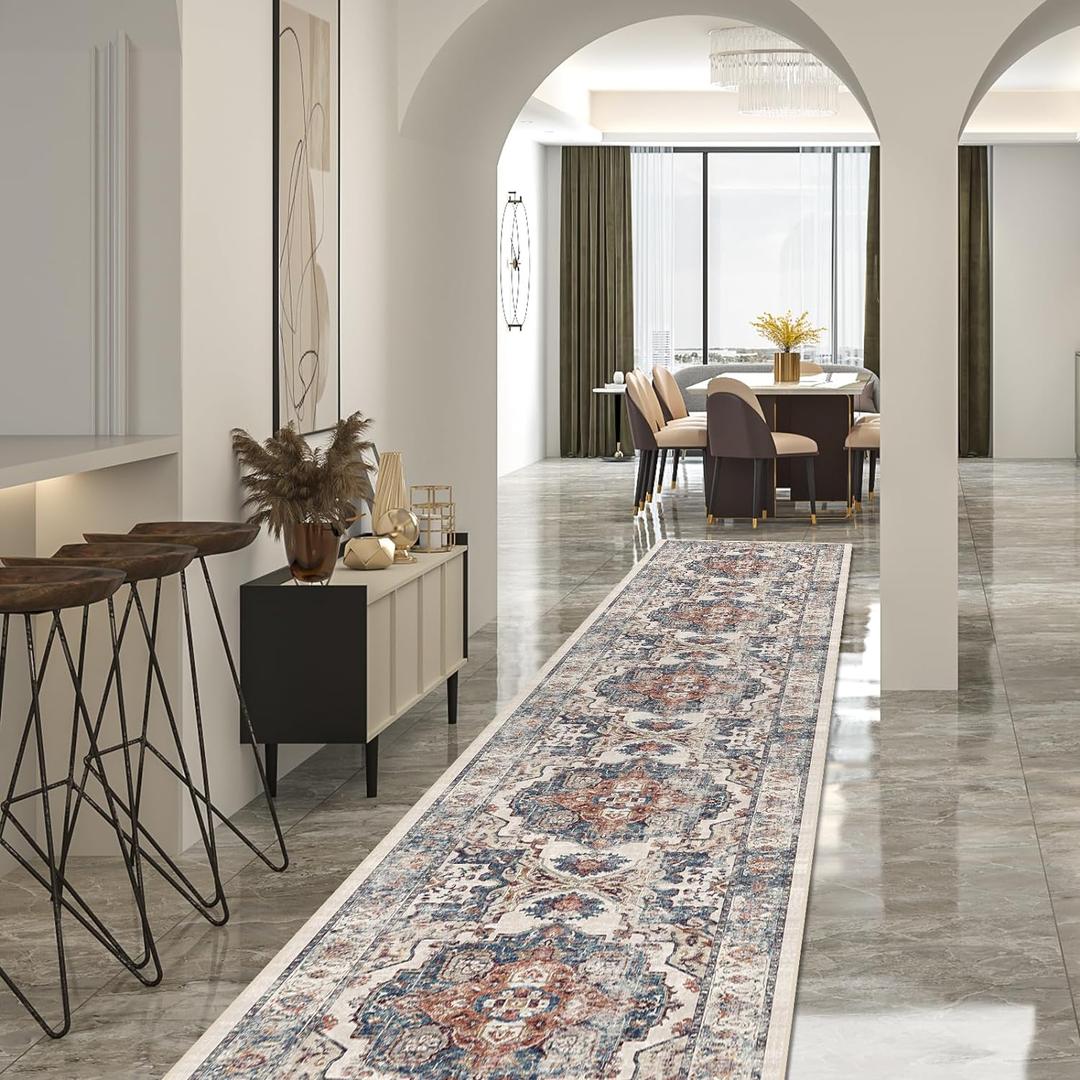 Hallway Washable Runner Rug - 2'6x14 Kitchen Rugs Entryway Rug Runner Vintage Soft Floor Mat Non Slip Indoor Farmhouse Carpet for Bathroom Living Room Bedroom (2'6''x14', Brick)
