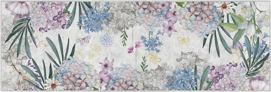 Artoid Mode Floral Hydrangea Daisy Spring Runner Rug, Summer Home Decor Low-Profile Non-Slip Washable Area Rug for Bathroom Entryway Bedroom Kitchen Laundry Room Indoor 2x6 Feet (White)