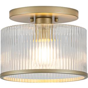 Glass Ceiling Light, Clear Ribbed Glass Ceiling Light Fixture with Gold Metal Frame, Modern Semi Flush Mount Ceiling Light for Hallway,Entryway, Bedroom, Bathroom, Kitchen