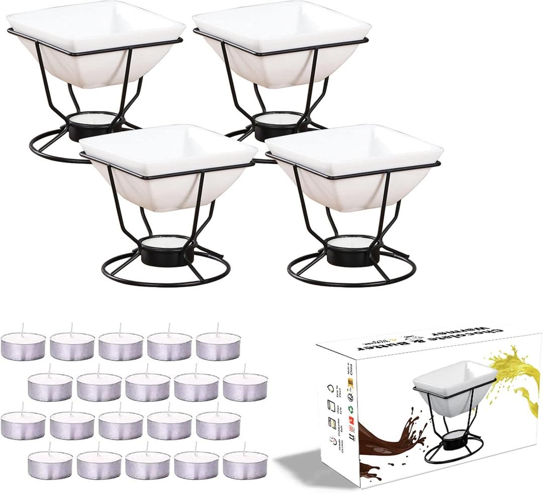 Luvan 7oz Butter Warmers for Seafood with 20 Tealight,4Pcs Ceramic Butter Warmers Set for Chocolate Butter Cheese,Ceramic Bowl Oven Microware Dishwasher Safe,Perfect for family dip Fruit,Dessert,Snack (Square)