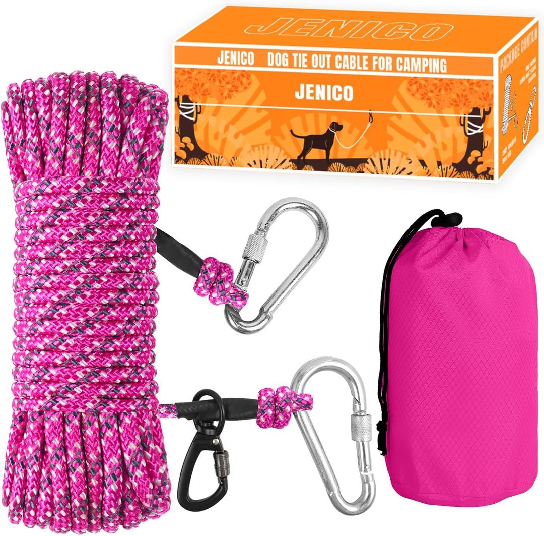 Dog Tie Out Cable for Camping - 50ft Dog Lead Dog Runner for Yard - Portable Trolley System for Large Small Dogs Outside (Pink)