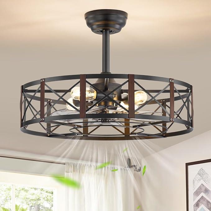 23 Inch Fandelier Caged Ceiling Fans with Lights and Remote, Black Bladeless Ceiling Fan with 6 Speeds and Timing, Farmhouse Samll Fan Lights Ceiling Fixtures For Kitchen, Bedroom-Walnut
Lamp