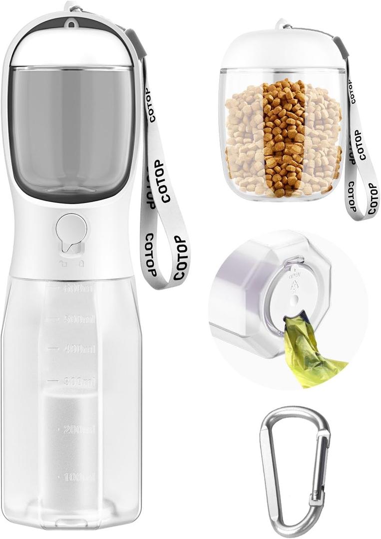 20oz Dog Water Bottle with Food Container & Poop Bag Dispenser | Leak-Proof Portable Pet Water Dispenser with Carabiner Clip | for Walking, Hiking, Travel (White)