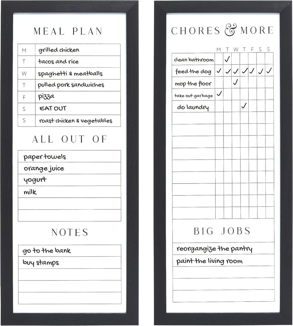 Sheffield Home Set of Two Family Planner Dry Erase Boards Featuring, Chore Chart, Shopping List, Weekly Meal Planner and Notes, 9x21 Inch, Black