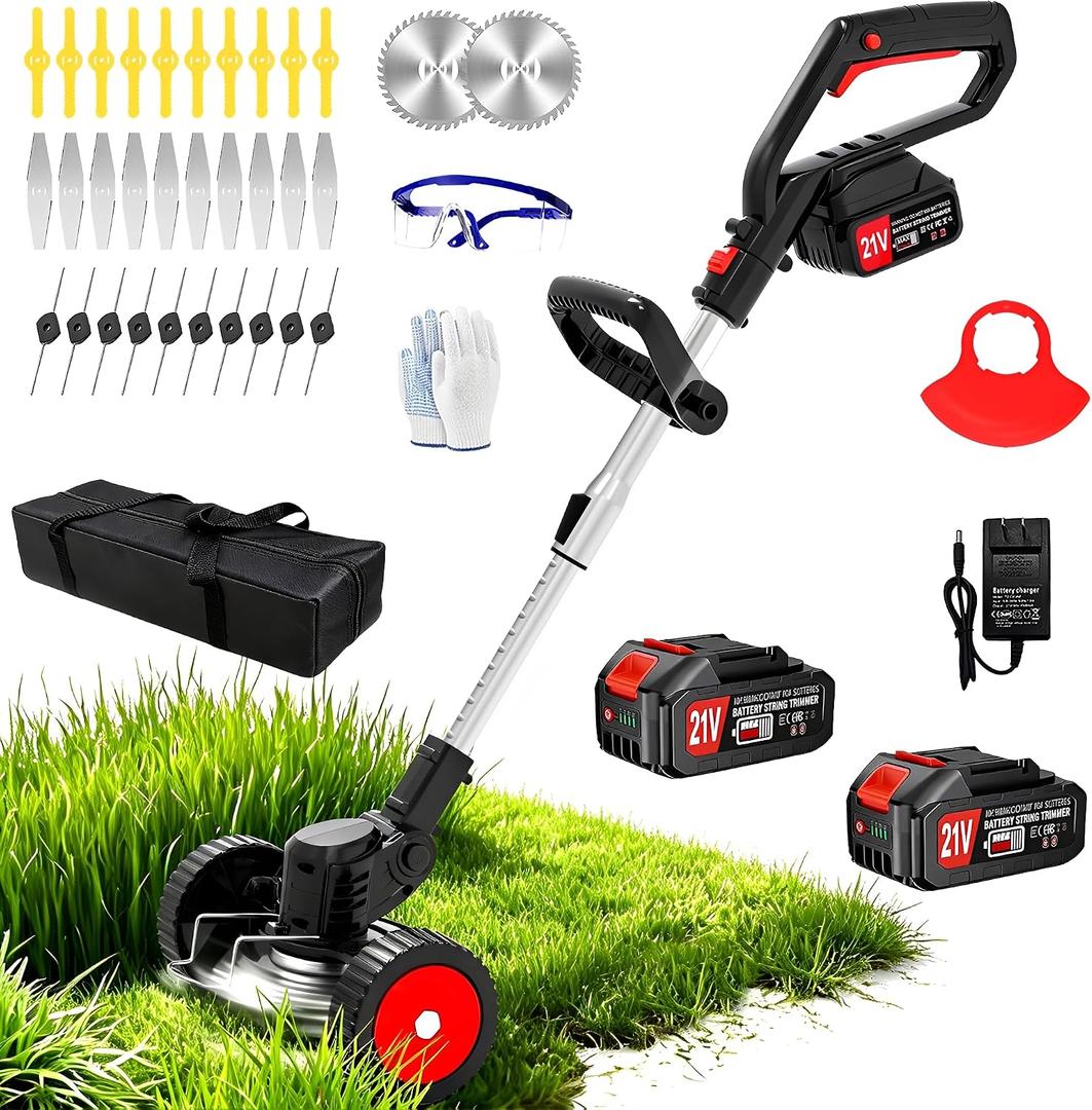 Electric Weed Wacker Cordless Eater 21V Battery Powered Lightweight Portable String Trimmers 3-in-1 Lawn Edger/Grass Trimmer/Brush Cutter with 4 Types Blades & Wheels for Yard and Garden