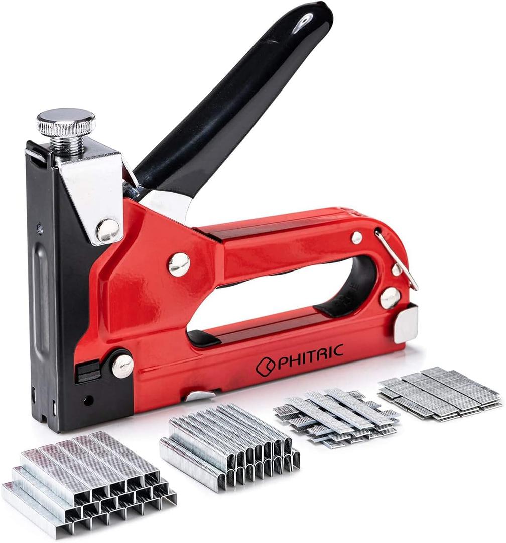 PHITRIC Upholstery Staple Gun Heavy Duty, 4 in 1 Stapler Gun with 1200 Staples, Power Finish Staplers, Manual Brad Nailer Power Adjustment Furniture Stapler Gun for Wood, Carpentry, Decoration DIY, Red