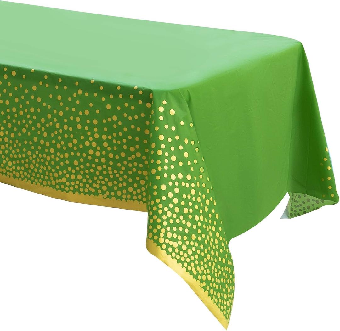 2 Pack Premium Green and Gold Plastic Tablecloths  Thick, Durable, Reusable Table Covers (54 x 108 in)  Disposable Party Tablecloths for Birthday, Christmas and Event Decorations