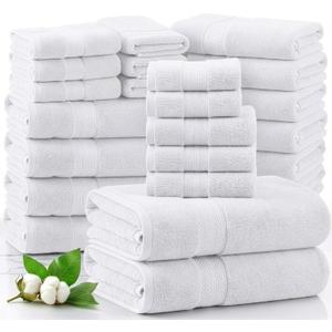 LANE LINEN 100% Cotton Bathroom Towel Set of 24 - Durable, Soft & Absorbent - 4 Bath, 4 Fingertip, 6 Hand, 8 Washcloths, 2 Bath Sheets, Hotel & Spa-Quality Design - White Towels