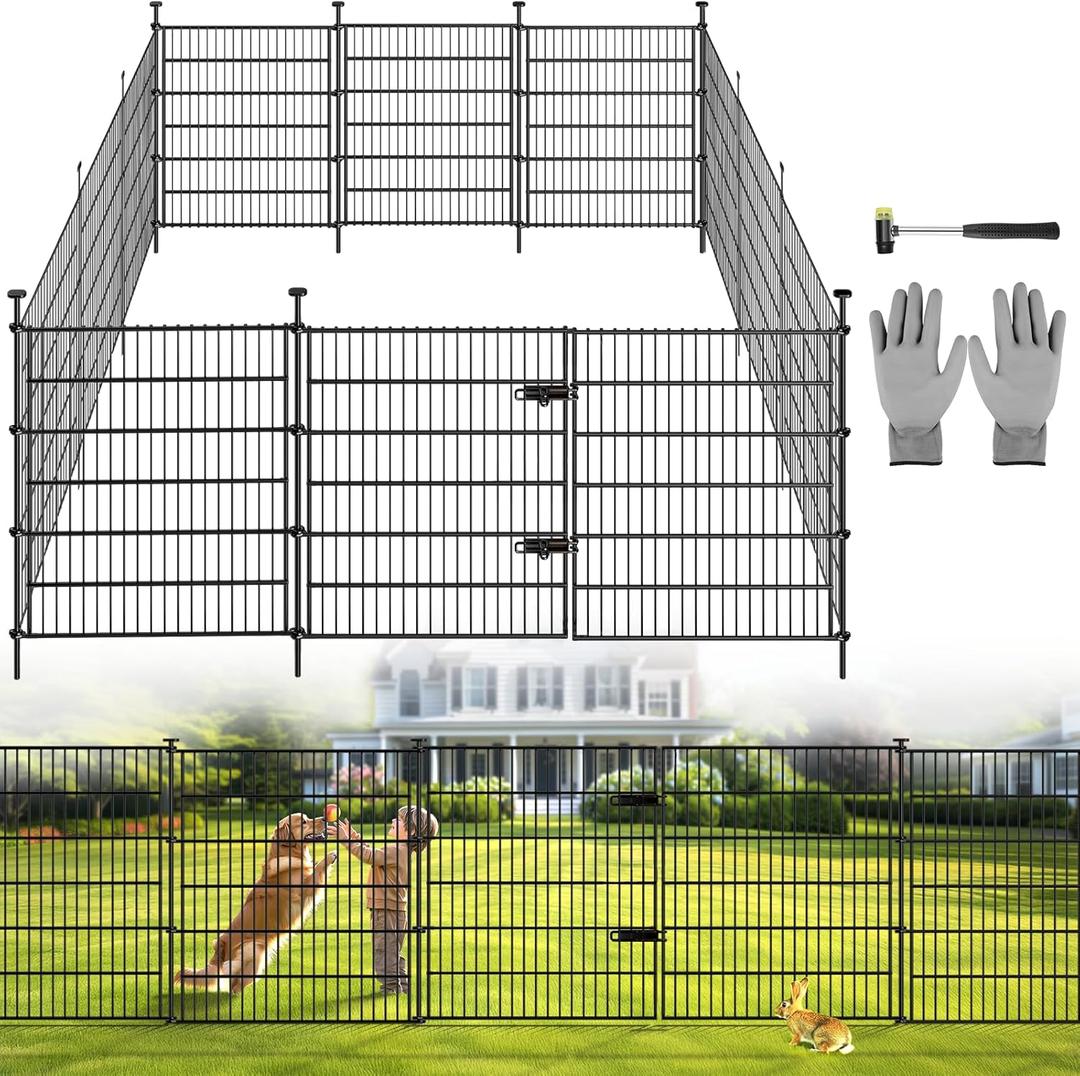 Garden Dog Fence Animal Barrier Outdoor for Yard 12 Panels with Gate 29ft(L) X 32in(H), Garden Fencing Includes Gloves, Hammer, Rustproof Metal Temporary No Dig Fence Border for Dogs