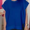 Tankaneo Womens Oversized Short Cap Sleeve T-Shirts Crew Neck Side Slit Tops Summer Casual Loose Fit Tees Tunic Shirts (Blue, L)