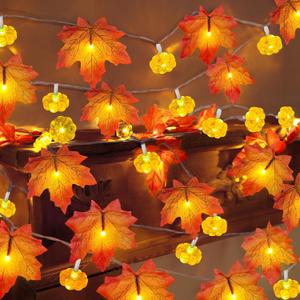 Pack of 2 & Timer - Fall Garland with Pumpkin Lights Halloween Fall Decor for Home 60LED 20Ft Enlarged Maples Leaves Halloween Garland Lights Indoor Battery Operated Thanksgiving Decor Wedding Christmas