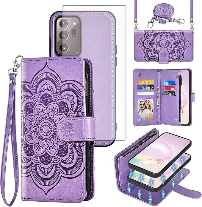 Asuwish Phone Case for Samsung Galaxy Note 20 Ultra 5G Zipper Wallet Cell Cover with Screen Protector Strap Flower Card Holder Note20 Plus Notes 20Ultra Note20+ U + 20+ Twenty Not S20 Women Girls 