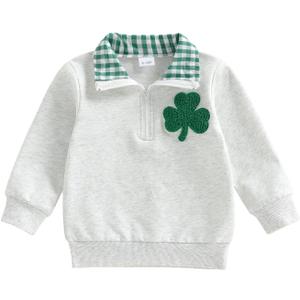 Toddler Boy Girl Christmas Outfit Quarter Zip Sweatshirt with Plaid Collar Shirt Pullover Top (3-4T, C1 Green Shamrock)