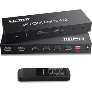 FERRISA 4x2 HDMI Matrix Switch,4 in 2 Out Matrix HDMI Video Switcher Splitter +Optical & L/R Audio Output,Support Ultra HD 4K,3D 1080P,Audio EDID Extractor with IR Remote Control
