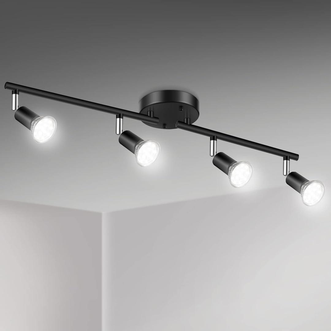 Unicozin LED 4 Light Track Lighting Kit, Black 4 Way Ceiling Spot Lighting, Flexibly Rotatable Head, Track Light Included 4 x LED GU10 Bulb (4W, Daylight White 5000K, 400LM)
