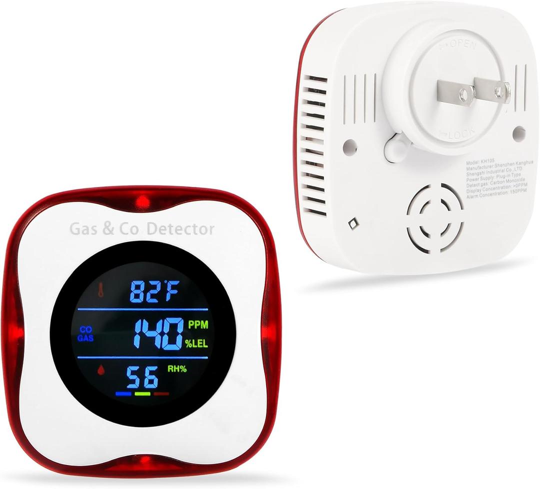 Combination Gas & Carbon Monoxide Detectors Plug in,Natural Gas Detector,Propane,Carbon Monoxide Alarm,CO Level & F & Humidity & Explosive Gas Detector for Home,Kitchen,RV