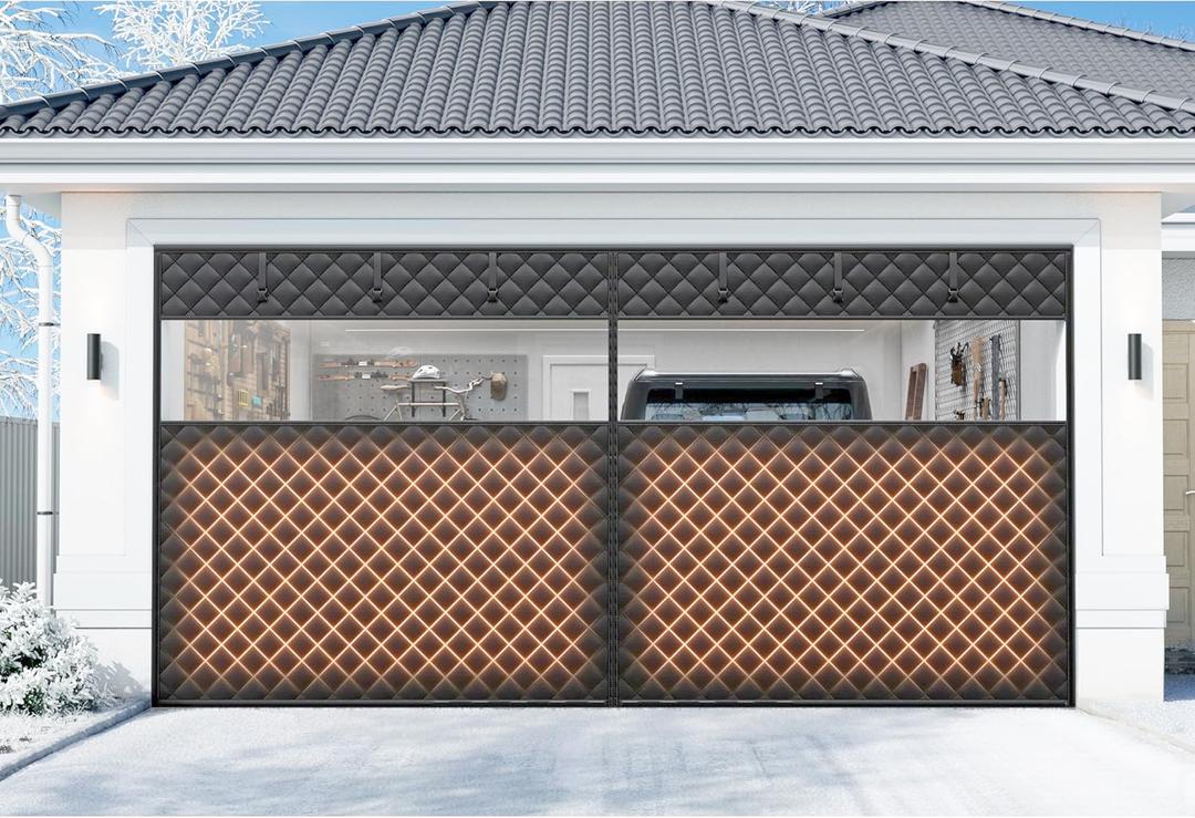 Car Garage Door Insulation Kit Fits 16x7 FT - Magnetic Thermal Insulated Door Curtains for Winter with Clear Window, Garage Door Cover Blanket Panels Screen for 2 Car Garages- Black