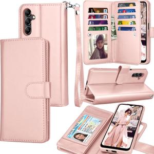 Tekcoo Galaxy A14 5G Case, PU Leather Wallet, Detachable Magnetic Hard Case, Kickstand, 11 Card Slots, Rose Gold