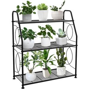 Plant Stand, 3 Tier Plant Shelf for Indoor Outdoor, Heavy Duty Metal Outdoor Plant Stand Holder Rack for Living Room Balcony and Garden, Black