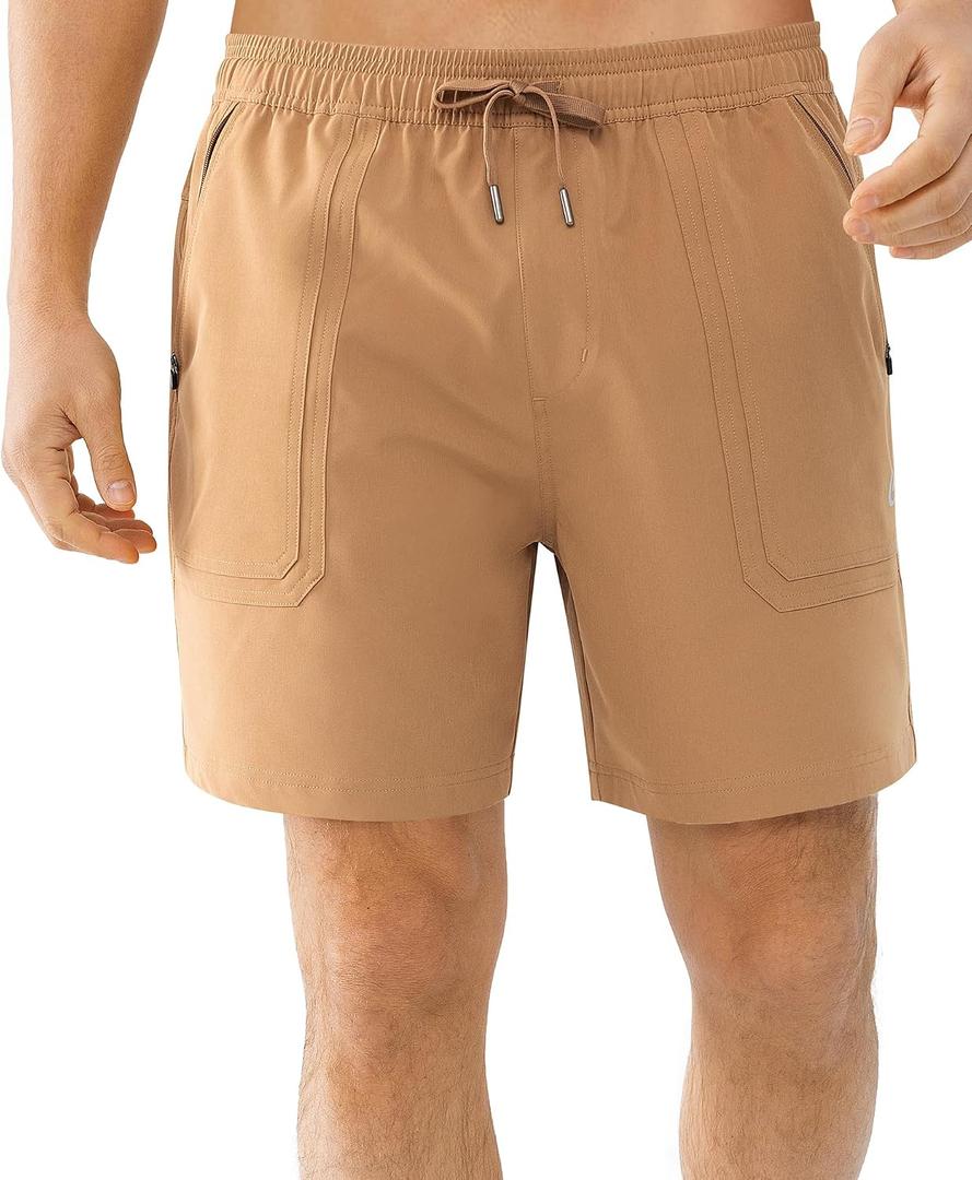 Cosmolle Men's 7" Quick Dry Stretch Hiking Shorts for Running Fishing and Outdoor Adventure with Multi Pockets (Brown, XXL)
