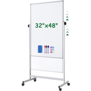 Rolling Whiteboard on Wheels, 32x48 Inches Double-Sided Magnetic Dry Erase Board with Stand, Height Adjustable Mobile White Board Easel for Classroom Home Office